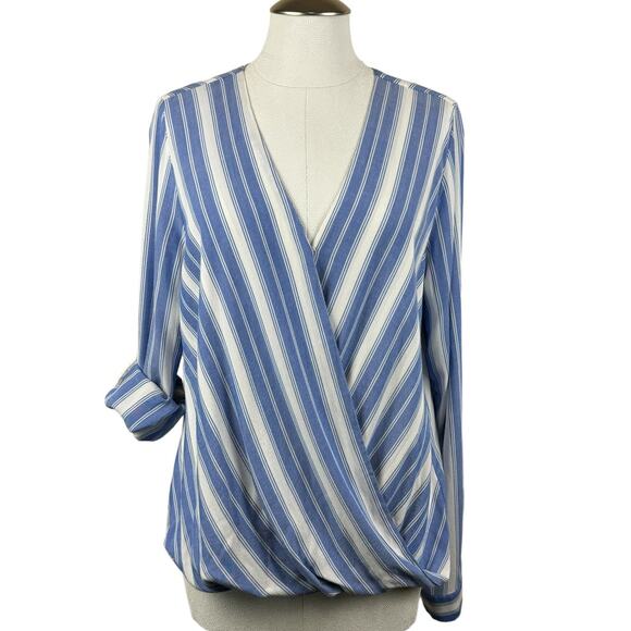 Women's KUT From The Kloth Striped Blouse Jenalee Cross Over Roll Sleeve Top Med - Picture 1 of 9